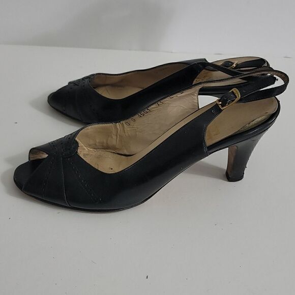 Salvatore Ferragamo Black Leather Peep toe sling backs - Picture 4 of 11